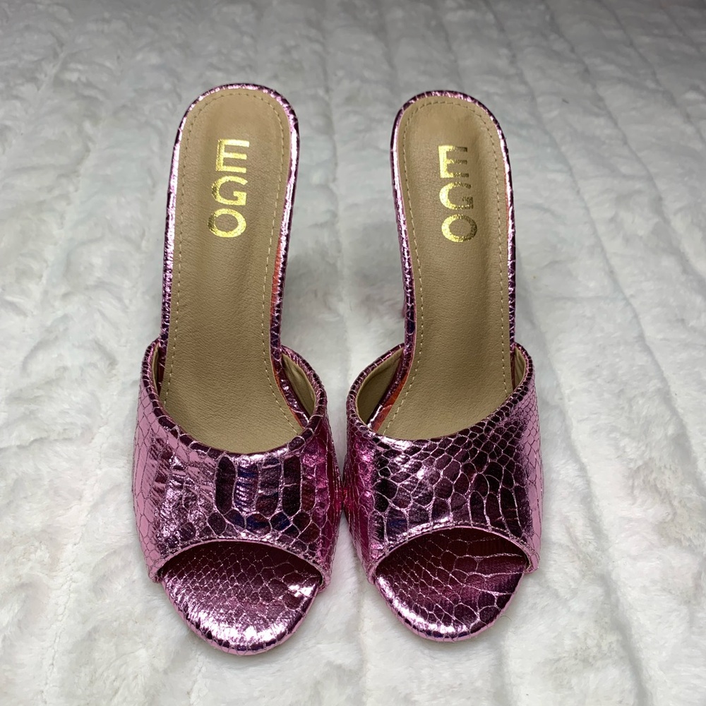 EGO Pink Metallic Snake Print Open Toe Women's Heels